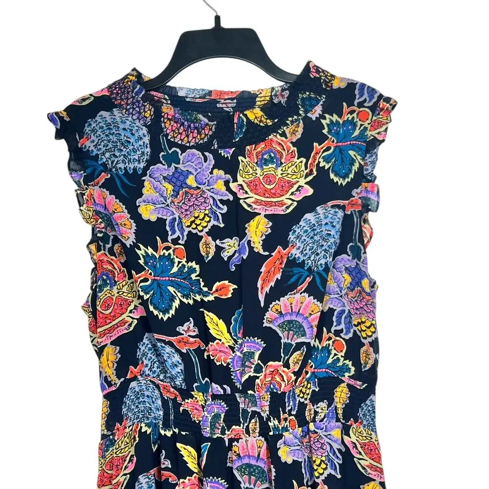 J.CREW Women's Size M Vibrant Multicolor Floral Smocked-Waist Midi Dress